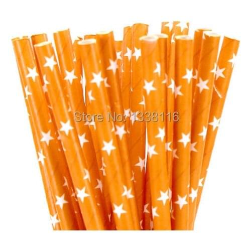 100pcs Orange With White Star Creative Paper Straws Festive Party Paper Drinking Straws Supply