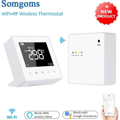 WiFi & RF Wireless Smart Thermostat Wall-Hang Gas Boiler/Electric Underfloor Heating Controller Work with Alexa Google Home