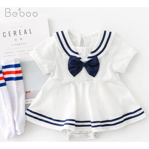 Newborn Baby Bodysuit Girls Navy Collar Climbing Clothing Sweety Solid Color 100% Cotton Summer Jumpsuit Babies Clothes 2021 New
