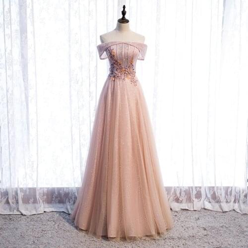 Champagne Boat Neck Evening Dress Sequins Flowers Embroidery A-Line Floor-Length Elegant Lace Up Party Formal Gown Woman B275