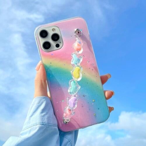 Wrist Chain Case for iPhone 12 Pro Max 6 7 8 XR XS Max SE Glitter Cases Rainbow crystal Candy Chain Hanging Case for iPhone 11