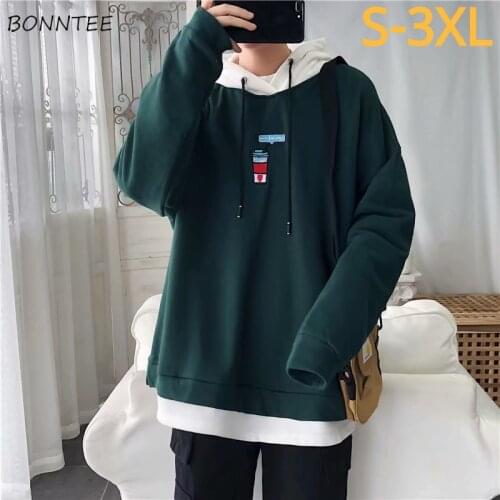 Men Hoodies Sweatshirts Fake 2 Pieces Patched Leisure Korean Ulzzang Thickening Mens Plus Size 3XL Loose Hooded Streetwear Tops