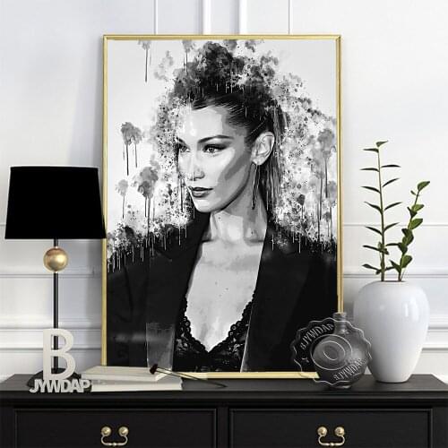 Bella Hadid Black White Art Poster, American Model Sexy Pretty Girl Watercolour Art Prints, Minimalism Figure Picture Home Decor
