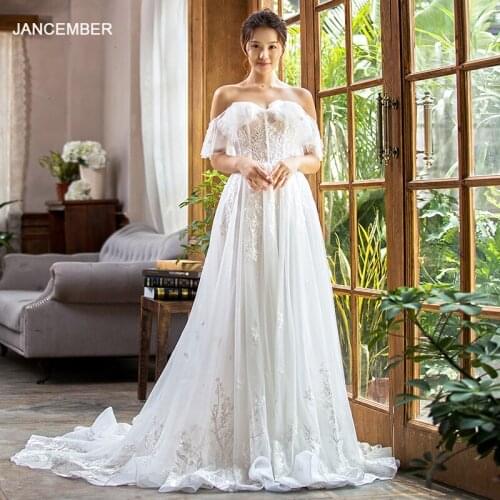 J66585 jancember wedding dresses boho in lace off the shoulder lace up back floor length beauty bridal dress robe de mariee 2019