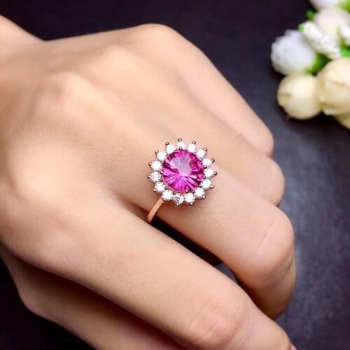 Natural pink topaz gem stone Ring Natural gemstone Ring S925 silver trendy Elegant Diana round women girl party gift Jewelry