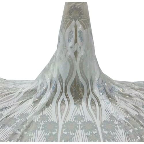 Sequins Lace Fabric White African Tulle Lace Fabrics Sequins Mesh Sewing Machine Sequins Fabrics For Party Dress JY-100