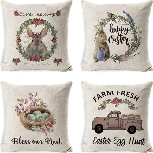 Linen Material Easter Bunny Wreath Pillow Bless Our Nest Happy Easter Pillowcase Easter Home Decoration EA01