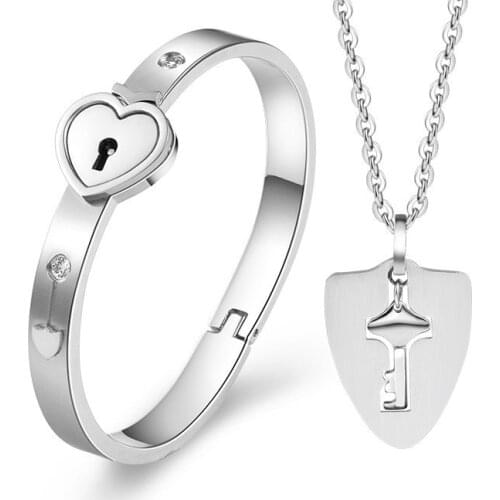 Fashion Jewelry Sets For Lovers Stainless Steel Love Heart Lock Bracelets Bangles Key Pendant Necklace Couples Set Dropshipping