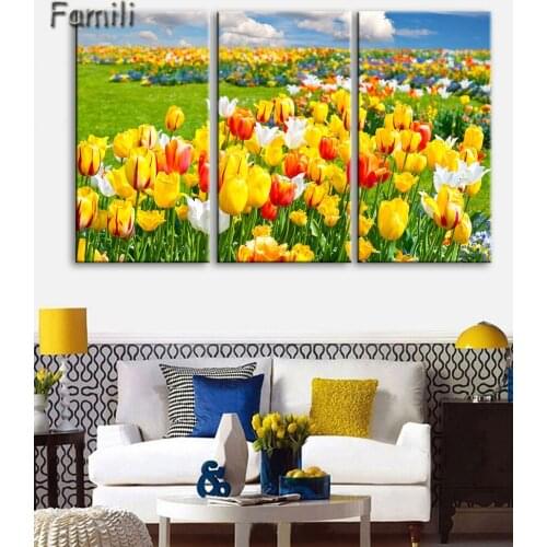 No Frame pictures 3PCS Modular Wall Picture Art Painting Of Roses Tulips Print On Canvas Paintings Posters Living Room Bedroom