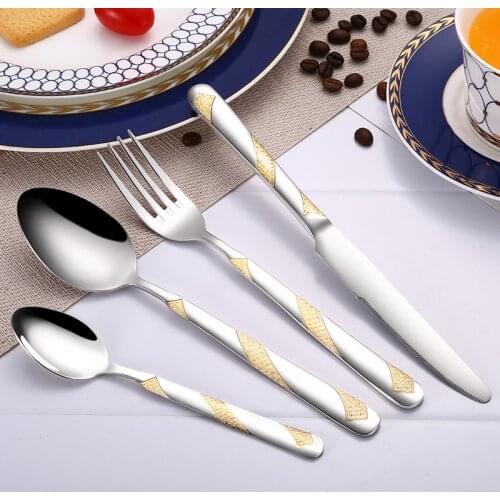 24pcs Gold Plate Dinnerware Set 18/10 Stainless Steel Cutlery Set Silverware Tableware Dinner Knife Fork Spoon Dishwasher Safe