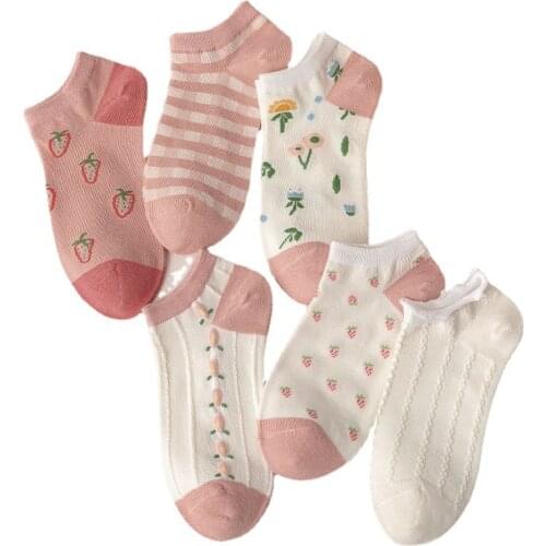 4 Pairs Summer Korean Style Women Socks Set Short Pink Kawaii Cartoon Cute Girls Street Asakuchi Ankle Socks Chaussettes Socken