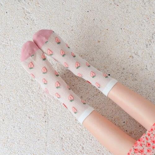 Fashion Women Socks 2021 New Spring Summer Mesh Long Socks Women Casual Print Pink Breathable Fresh Flower Socks Korea Style