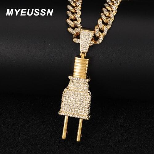 Iced Out Unique Plug Shape Pendant Necklace Men Gold Color Cuban Chain Crystal Necklace For Women Hip Hop Charm Jewellery Gift