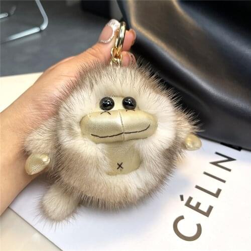 Plush Real Mink Fur Keychain Cute Monkey Kids Toys Bag Pendant Women Car Keyrings Ornaments Hanging Chain Decoration Trinkets