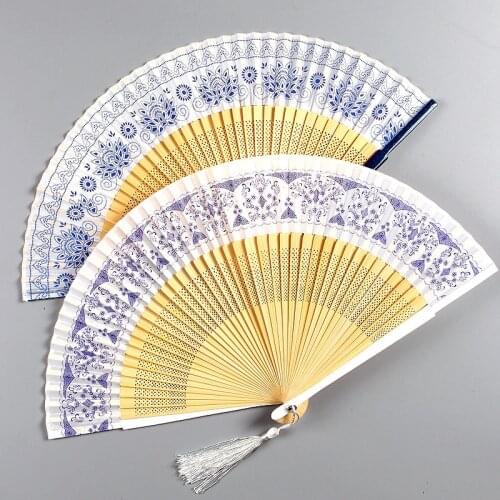 Ceramic Pattern Folding Hand Fan Chinese Style High Quality Dance Fan for Wedding Party Vintage Home Decoration Ornaments