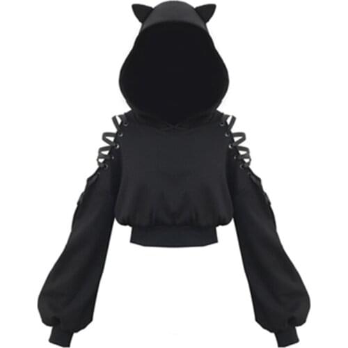 Sweatshirt Women Long Sleeve Fleece Warm Cat Ears Short Style Hoodie Pullover Feminine Sweatwear Autumn and Winter Gothic Women