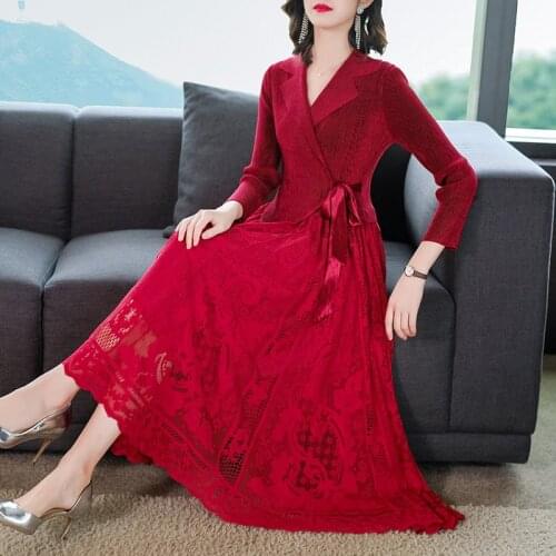 2021 Spring Autumn Fashion Vestidos Women Casual Elegant Sexy Office Slim Lace Pleated Big Plus Size Midi Long Party Dress M-3XL