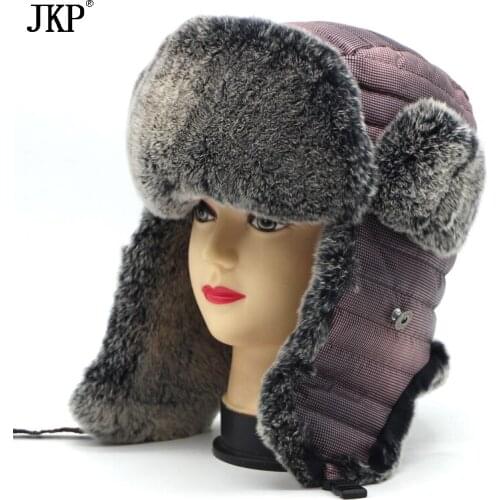 High Quality 100% Genuine Rabbit Fur Winter Hats With Ears Flaps Snow Hot Outdoor Russian Caps Cap Bomber Hat For Women