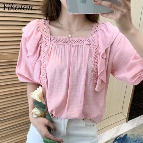 Ruffles Ladies Shirt Summer Casual Blouse Womans Shirt Square Collar Fashion Blouses And Shirts Chiffon Female Chemis Femme Top