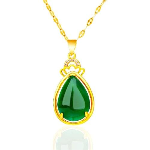 Pendant Necklaces for Women Imitation Jade Water Drop Necklaces Rhinestone Crown 24K Gold Plated Engagement Necklaces Jewelry