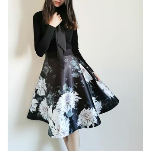 2020 New Floral Print Bow Kintted Jointed Dress UK Collections Elegant Dress TB068