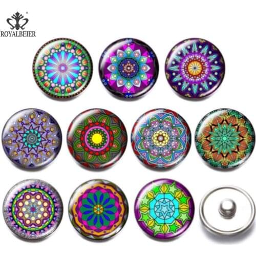 10pcs/lot Lace Mandala Abstract Art Glass Snap Button Jewelry Snap-on 18mm Buckle Fit Snap Bracelet Snaps Jewelry Custom Snap