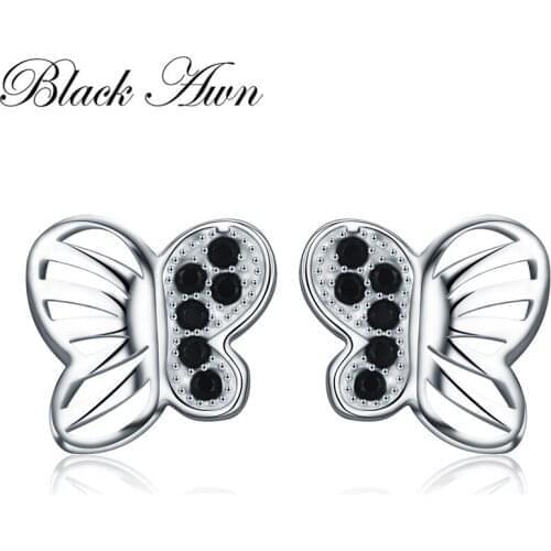2021 New Romantic 1g 925 Sterling Silver Jewelry Natural Butterfly Black Spinel Party Stud Earrings for Women Bijoux T210