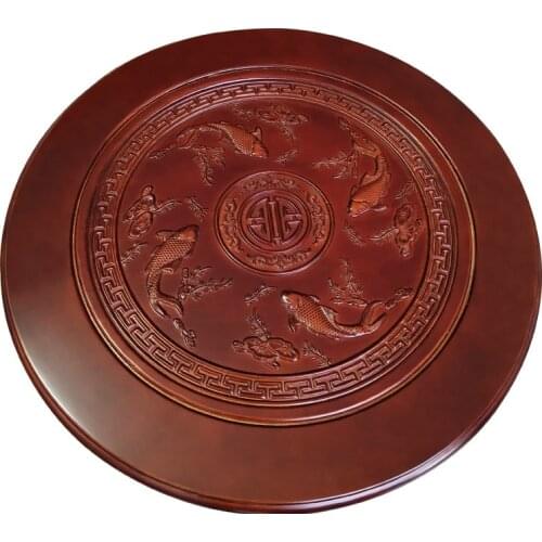 HQCP01 Solid Oak Wood Quiet Smooth Rotating Tray Round Dining Wood Table with Lazy Susan and Beautiful Carving Patterns
