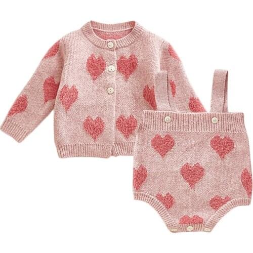 Baby Girls Heart Printed Bodysuit Cardigan 2Pcs Sets Cute 2020 Newborn Baby Pink Climb Clothes Sweaters Winter Clothes Sets 0-3Y