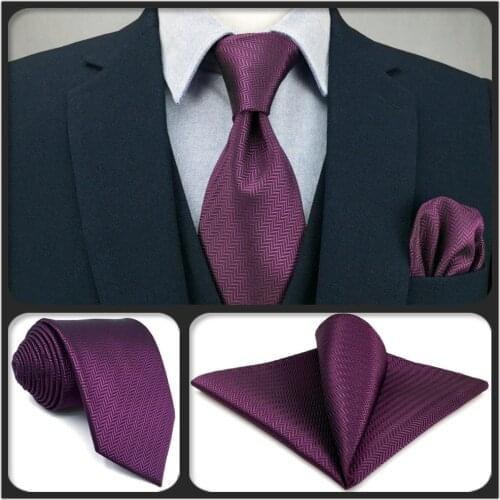 C11 Purple Solid Silk Mens Necktie Set Wedding Classic Ties for Male Dress Accessory Hanky Extra Long Size