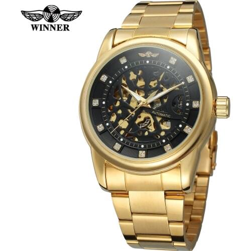 Winner Luxury Royal Diamond Design Black Gold Clock Montre Homme Men Relogio Male Skeleton Mechanical Leather & Full Steel Watch