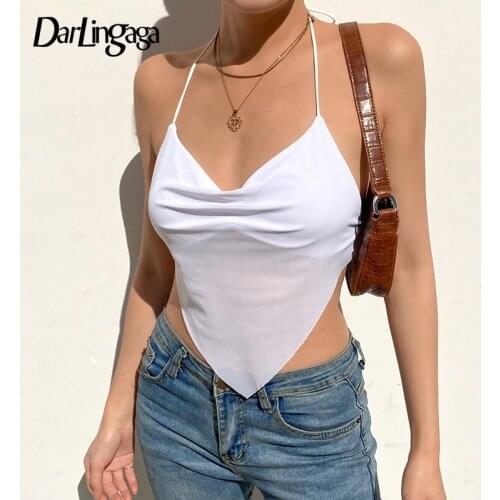 Darlingaga Fashion Strap V Neck Black Mesh Top Female Sexy See Through Party Halter Top Cami Backless Clubwear Summer Crop Tops