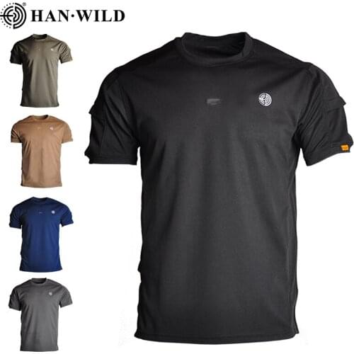 HAN WILD Tactical Army T-shirts Men Summer Short Sleeve Quick Drying Polos Lightweight Outdoor Hiking Camping T-shirts Sports