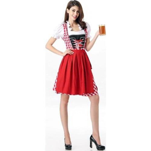 Germany Bavaria Oktoberfest Dirndl Women Red Plaid Carnival Beer Girl Costume Bar Waitress Outfit