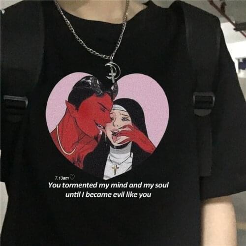 Summer Harajuku New Devil Letter Print Fun Cartoon Casual bf Ulzzang Female Vintage Punk T-Shirt Loose Streetwear Tops tees