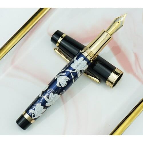 HongDian Metal Fountain Pen Hand-Drawing Blue Flowers Iridium EF/F/Bent Nib Ink Pen Excellent Writing Gift Pen for Business