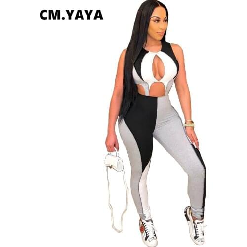 CM.YAYA Women Patchwork Sleeveless Jumpsuit for Sexy Cut Out Skinny Active Zipper Up Bodycon Romper Sport Outfits Playsuit