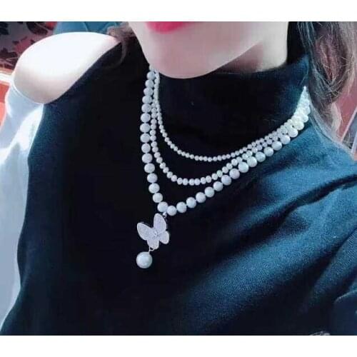 Free shipping 17-20" 3-4m 6-7 8-9mm White Pearl CZ Necklace shell Pendant 925 silver micro inlay zircon clasp accessory jewelry