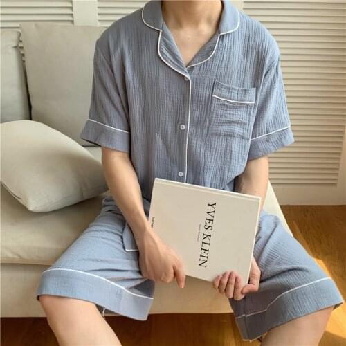 Summer cotton men pajama set casual homewear short sleeve homewear 2 piece set elastic waist shorts sleepwear korea gauze Y901