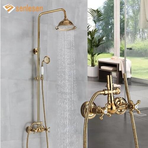 Senlesen Shower Faucet Golden Polished Brass Rainfall 8” Shower Head Hand Shower Sprayer Wall Mount Tap Hand Shower Mixer