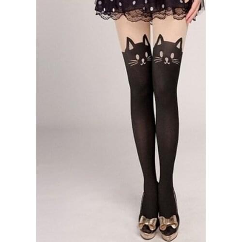 4styles New Tights Pantyhose Women Female Stockings Cat Pattern Print Cartoon Woman Spring&Autumn Stockings