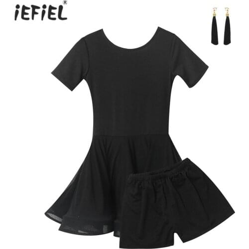 Girls Latin Dance Dress Kids Short Sleeve Salsa Tango Samba Dress + Shorts + Tassel Accessory 3pcs Children Dance Clothing Set