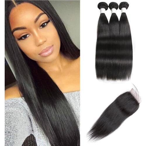 Wigenius Straight Bundles With Closure Brazilian Hair Bundles With Closure Human Hair Weave Bundles With Closure Hair Extension
