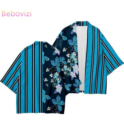 Plus Size XS-6XL Blue striped Beach Harajuku Japanese Sets Fashion Kimono Men Women Cardigan Haori Obi Asian Clothes Pant Suit