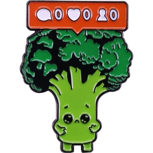 Unhappy broccoli vegan pin funny social media notification badge pop mash-up jewelry