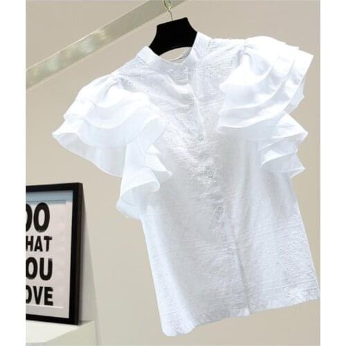 Hollow embroidery cotton and linen shirt 2021 summer Korean version design sense of ruffled flying sleeves casual shirt tide