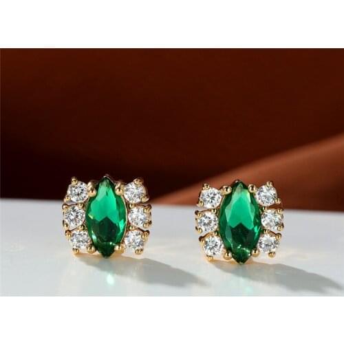 Female Luxury Crystal Leaf Stud Earrings Charm Gold Color Bridal Wedding Earrings Simple Fashion Green Zircon Earrings For Women