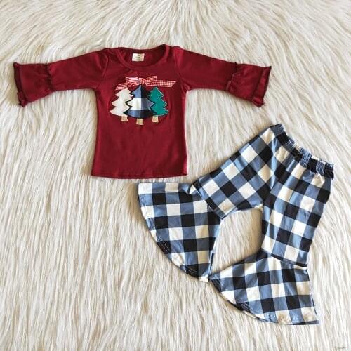 Wholesale High Quality Kids Fall Winter Clothes Christmas Girl Warm Long Sleeve Outfit Wine Red Top And Plaid Bell Pants 2 Pcs