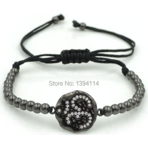 20*15*1.5mm Micro Pave CZ Yoga OM Round Charm & 4mm Round Beads Braided Macrame Bracelet Jewelry