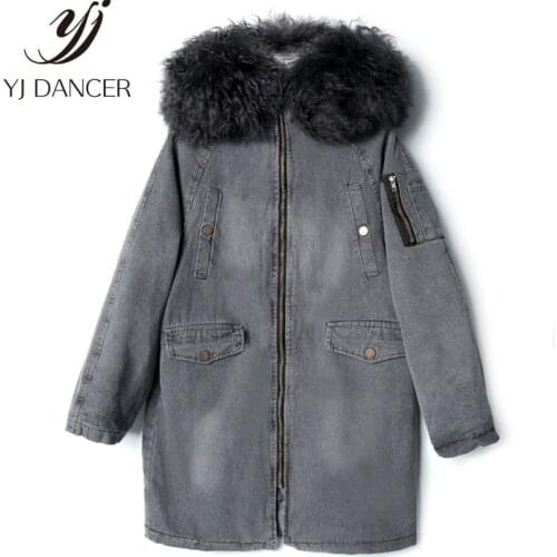 2018 Women Winter New Denim Winter Jackets Long Coat Female Large Size Large Fur Collar Cotton Women Loose Cotton Jacket CSS332